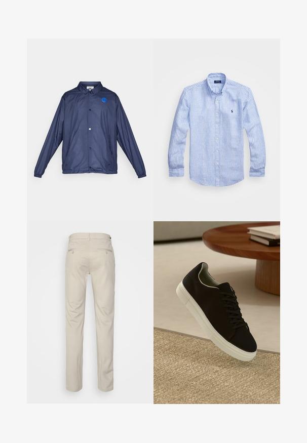 Chaqueta cortavientos azul marino fabricada con un material ligero. Cuenta con un cierre de botones, un parche de logo azul y puños elásticos.; Camisa de manga larga a rayas azul y blanca hecha de algodón, con cuello de botón, botones en el frente y un pequeño logo bordado en el pecho.; Pantalones beiges con una textura suave, corte recto, dos bolsillos traseros con botones y una cinturilla estándar.; Zapatilla negra con suela blanca flotando sobre una alfombra texturizada beige cerca de una mesa redonda de madera con libros apilados.