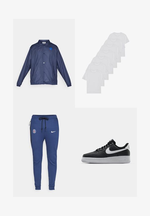 Navy blue windbreaker jacket made from a lightweight material. Features a button front, with a blue logo patch and elastic cuffs.; White cotton T-shirts, short sleeves, crew neck design, plain texture, stacked in a row, with subtle branding at the neckline.; Blue athletic sweatpants with a drawstring waist, side zipper pockets, black accents, and logos: PSG emblem and Nike swoosh.; Black leather sneaker with textured surface, white Nike swoosh, gray sole, round toe, and lace-up design. Features perforations on toe box.