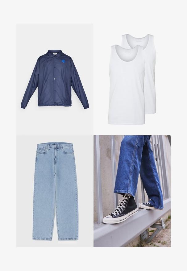 Tamnoplava vjetrobran jakna izrađena od laganog materijala. Ima prednje kopčanje na dugmad, plavu logotipnu oznaku i elastične manžetne.; Bijele pamučne majice bez rukava s okruglim izrezima, s glatkom teksturom. Prikazana su dva komada, označena "PIER ONE."; Svijetloplave traperice s ravnim nogavicama, sa srednjim strukom, pet džepova i zatvaranjem na dugme i patentni zatvarač.; Crne visoke tenisice s bijelim potplatom i vezicama, u kombinaciji s širokim plavim trapericama, naslonjene na sivi ogradu.
