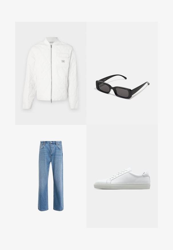 Veste matelassée blanche avec fermeture éclair à l'avant, col côtelé et une poche poitrine unique avec un patch logo. Texture lisse et design minimaliste.; Sweat-shirt zippé bleu et noir avec des accents blancs, arborant le logo "RACING" en lettres grasses, un col montant et deux poches zippées.; Jeans en denim bleu clair avec une coupe droite, cinq poches, fermeture à bouton, peu d'usure et des détails de couture contrastés.; Sneaker blanche avec une tige en cuir lisse et un profil bas. Présente un bout arrondi, six œillets et une semelle en caoutchouc texturé.; Lunettes de soleil noires rectangulaires avec des verres foncés, finition brillante, larges branches et un design de monture épaisse. Nom de marque gravé sur une branche.