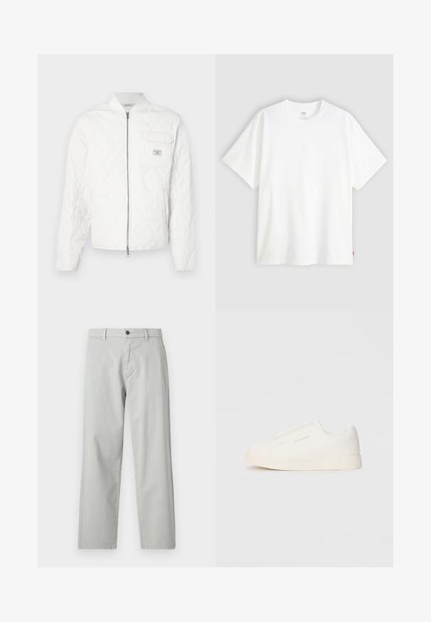 Balta pūderēta jaka ar rāvējslēdzēju priekšpusē, ribaina apkakle un viena krūšu kabata ar logotipa uzlīmi. Gluda tekstūra un minimālistisks dizains.; Balta īslaicīga T-krekla ar īsām piedurknēm, kas izgatavots no kokvilnas, ar apaļu kakla izgriezumu. Priekšpusē ir smalks reljefs ar logotipu un sarkans birka apakšmalā.; Gaiši pelēkas, taisnas bikses, izgatavotas no gludas, audētas auduma. Izkārtojums ar priekšējo pogu aizdari un sānu kabatām. Minimālisma stils.; Baltas slip-on sporta apavi ar teksturētu virsmu, biezu zoli un minimālistisku dizainu. Sānos redzams zīmola logotips.