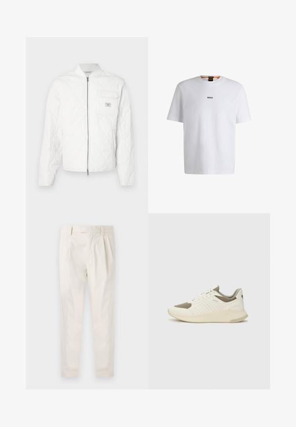 White quilted jacket with a zip front, ribbed collar, and single chest pocket featuring a logo patch. Smooth texture and minimal design.; White cotton T-shirt with short sleeves, featuring a black "BOSS" logo centered on the chest and a round neck design.; White, pleated trousers with a tailored fit, featuring a smooth texture, belt loops, and tapered legs. No visible pockets or patterns.; White and light beige athletic sneaker, featuring a mesh upper, perforated detailing, and a textured midsole with branding on the heel.