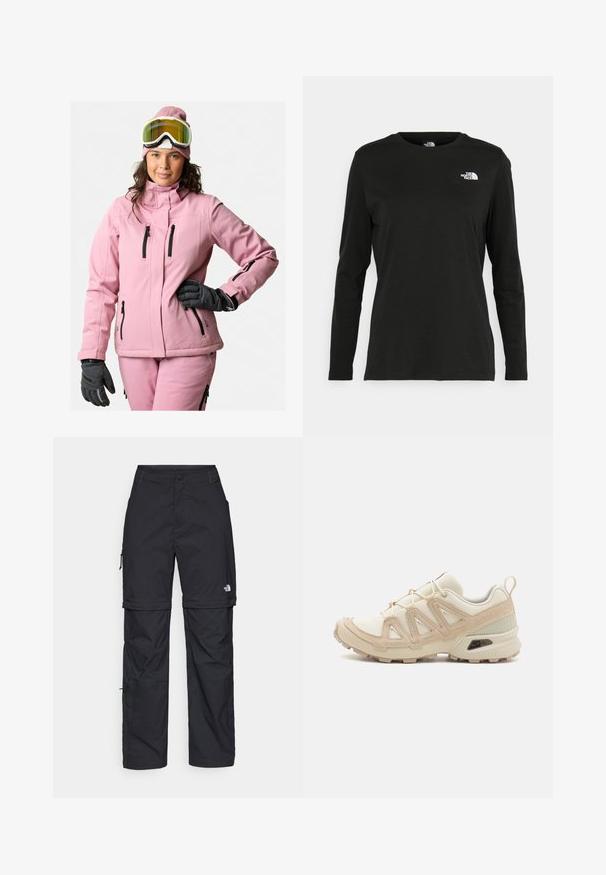 Rosa Skijacke mit schwarzen Reißverschluss-Taschen, kombiniert mit dunklen Handschuhen. Das Modell trägt eine rosa Mütze und Skibrille mit gelbem Farbton.; Schwarzes Langarm-T-Shirt aus Baumwolle mit Rundhalsausschnitt. Verfügt über ein kleines weißes Logo auf der linken Brustseite. Einfaches Design und Passform.; Schwarze Nylon-Zip-Off-Cargohosen mit verstellbaren Bündchen, mehreren Taschen und einem Logo am rechten Bein. Glatte, leichte Textur.; Beige und cremefarbenen Sportschuh mit strukturiertem Mesh-Obermaterial, unterstützenden Überzügen und Gummisohle mit einem Profilmuster für Bodenhaftung.