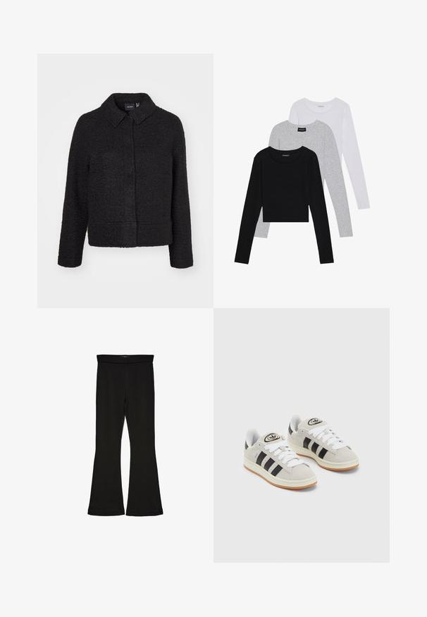 Svart ullblandad jacka med en texturerad yta, krage, framknäppning och sidfickor. Har en boxig silhuett och långa ärmar.; Tre långärmade tröjor staplade: svart, grå och vit. Var och en har en rund halsringning och en kort design med mjukt, lätt material.; Svarta flare leggings tillverkade av elastisk tyg. Har en bred midja och en slät yta, med en åtsittande silhuett som flares vid fållen.; Grå mocka sneakers med vita snören, svarta ränder och en vit gummisula. Har en rund logo på tungan och en gummisula.