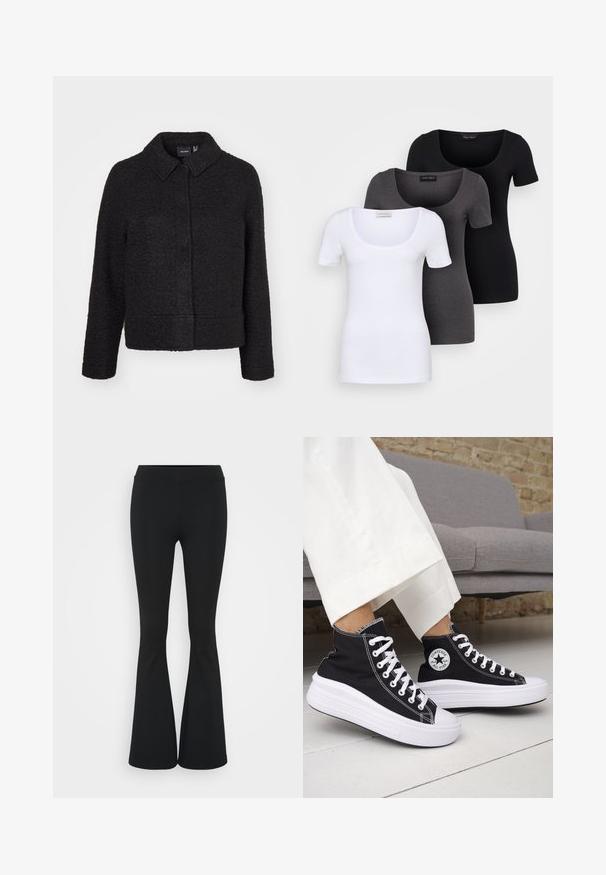 Svart ullblandingsjakke med teksturert finish, krage, frontlukking og sidelommer. Har en boxy silhuett og lange ermer.; Tre figurerte T-skjorter i hvit, grå og svart. Hver har en bred scoop-nakke og korte ermer. Laget av glatt, elastisk stoff.; Svarte flared bukser laget av elastisk stoff, med høy midje og en glatt tekstur. Buksene vidder ut fra kneet.; Svarte høye sneakers med hvite gummisåler og lisser. Har et rundt logo-merke og kontrasterende hvite sømmer. Laget av lerret.