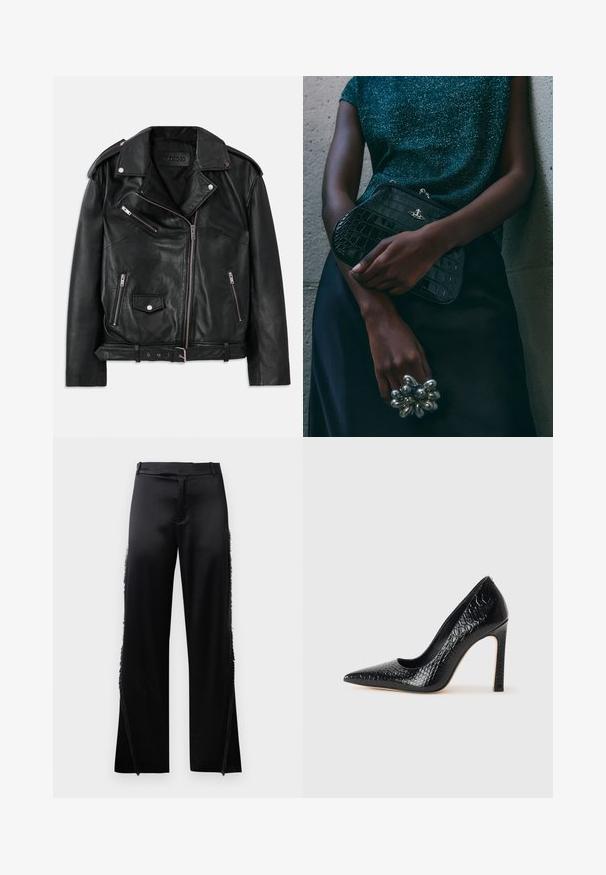 Giacca da biker in pelle nera con zip frontale asimmetrica, tasche con zip e a scatto, spalline e cintura regolabile con fibbia in vita.; Camicia nera in satin con maniche lunghe e colletto alto, vita aderente e dettaglio con cordoncino regolabile. Texture liscia con una finitura elegante.; Pantaloni in satin nero con gambe larghe, caratterizzati da dettagli in frange lungo le cuciture laterali e una cintura piatta in vita. Retro semplice senza tasche.; Scarpa nera con punta a punta alta in pelle di coccodrillo, caratterizzata da un design elegante, alto tacco a spillo e interno nero liscio.; Clutch bag nera con motivo coccodrillo e hardware argentato, appoggiata su uno sfondo grigio texture. Presenta una superficie lucida.