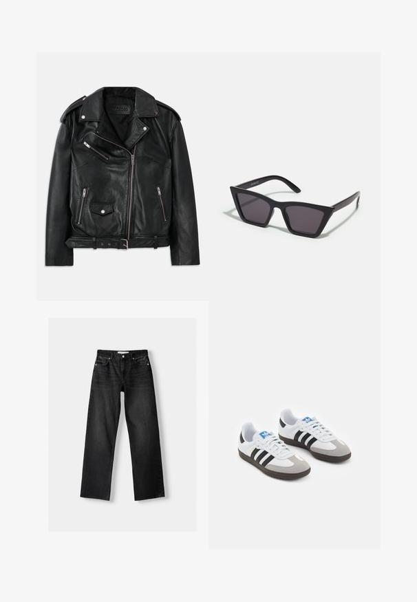 Fekete bőr motoros dzseki aszimmetrikus elülső cipzárral, cipzáras és patentos zsebekkel, vállpántokkal és deréknál állítható csattal.; Fekete, hosszú ujjú felső magas gallérral, redőzött oldalakkal és sima textúrával. Egyszerű dizájn, látható minták vagy alkatrészek nélkül.; Bershka Egyenes szárú farmer - mottled dark grey; Fehér bőr felsőrészes sportcipő, szürke velúrból készült orral és három fekete csíkkal. Jellemzője a kék logó a nyelvén és egy texturált gumitalp.; Fekete, szögletes napszemüveg szürke lencsékkel; műanyagból készült, vastag karokkal, sima felülettel és látható hardver nélkül.