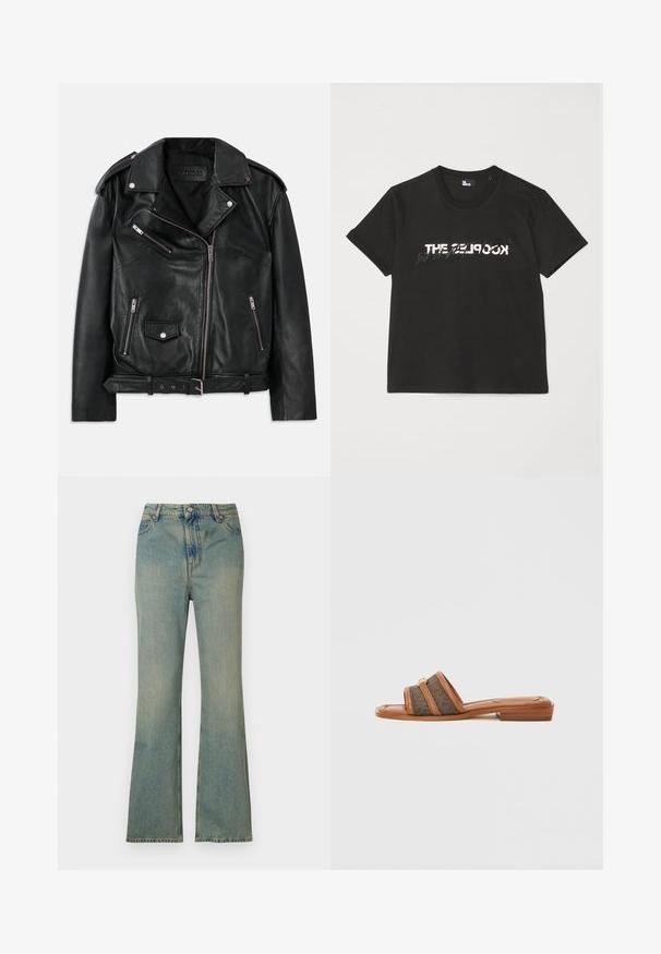 Jaqueta de motoqueiro em couro preto com fecho assimétrico, bolsos com zíper e botão de pressão, epaulettes nos ombros e cinto ajustável na cintura.; T-shirt de algodão preto com mangas curtas, apresentando um design impresso em branco e cinza "THE 2LOOK" na parte da frente. Gola redonda clássica.; Jeans flare de denim azul claro com cintura alta, cinco bolsos e fecho de zipper. Acabamento limpo e desbotado com detalhes de costura subtil.; Sandália de slide castanha com duas largas tiras de tecido num padrão escuro, apresenta um salto plano e um detalhe de ferragem dourada.
