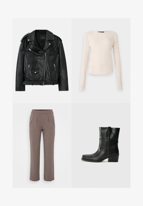 Must must nahkjakkk, millel on asümmeetriline esi tõmblukk, tõmblukk ja snaps taskud, õlavarre epauletid ning reguleeritav vööde bänd taljes.; Pikkade varrukatega helesinine topp ümmarguse kaelusega. Valmistatud pehmest kangast, sisaldab keskset õmblust ja kergelt kaardus serva. Ei ole nähtavat riistvara.; Taupe värvi lahtised püksid elastse vöökohtadega ja ees pleated, valmistatud siledast kangast.; Musta nahast pahkluu saabas ümarate varvastega, plokknäppu, külgsepa ja pealsetel õmblusest aktsentidega. Sile tekstuur, klassikaline disain.