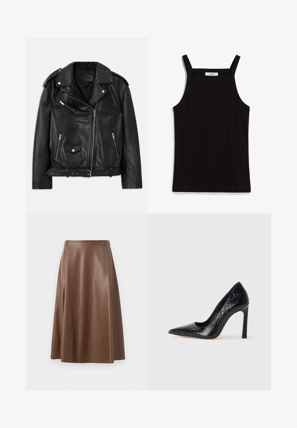 Melnas ādas motociklistu jaka ar asimetrisku priekšpusi ar rāvējslēdzēju, rāvējslēdzēja un pogu kabatām, plecu epauletiem un regulējamu jostu vidukļa daļā.; Melna tops ar plānām spaghetti siksniņām, izgatavots no ribota auduma, ar taisnu griezumu un uzrakstu uz kakla izgriezuma "IVY OAK."; Brūna ādas A-veida svārki ar gludu tekstūru un vidēju garumu. Iezīmēts ar piegulstošu jostasvietu un nelielu izplešanos no gurniem.; Melni augstpapēžu apavi ar norādītu purngalu, ar krokodila ādas tekstūru, izceļoties ar elegantu dizainu, augstu stiletto papēdi un gludu melnu interjeru.