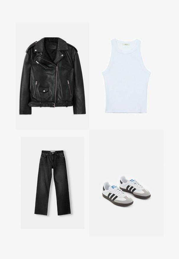 Černá kožená motocyklová bunda s asymetrickým předním zipem, zipovými a cvokovými kapsami, ramenními epauletami a nastavitelným páskem s přezkou v pase.; Bílý top bez rukávů, žebrovaná textura, kulatý výstřih, obtáhnutý střih, decentní značka na štítku uvnitř oblasti límce.; Bershka Džíny Straight Fit - mottled dark grey; Sportovní boty s bílým koženým svrškem, šedou semišovou špičkou a třemi černými pruhy. Obsahují modré logo na jazyku a texturovanou gumovou podrážku.