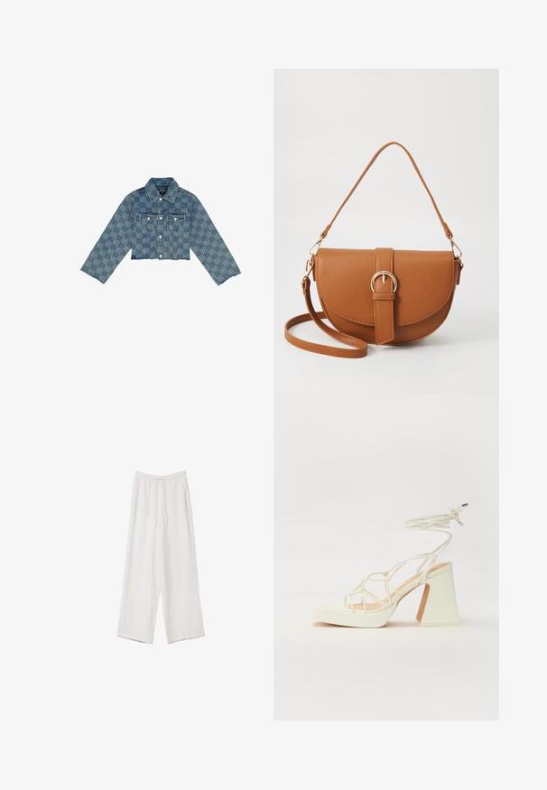 Lyhyt vaaleansininen farkkutakki, jossa on koko takin kattava logokuvio, napit edessä, kaksi rintataskua ja riiputtuhelma.; Valkoinen lyhythihainen T-paita, joka on tehty puuvillasta. Siinä on pyöreä kaula-aukko ja rento malli. Silkkinen pinta ilman näkyviä kuvioita tai koristeita.; Valkoiset leveälahkeiset housut kevyestä kankaasta. Ominaisuuksiin kuuluu elastinen vyötärö, jossa on nauhakuuluma ja sivutaskut. Sileä rakenne.; Valkoinen korkokenkä, jossa on paksu korko, ja joka sisältää nauhakiinnityksen ja nilkkaketjun. Sujuva pinta, jossa on platform-etupohja lisäkorkeutta varten.; Ruskean nahkainen olkalaukku, jossa on kaareva muoto, kultaiset yksityiskohdat ja solkiyksityiskohta. Varustettu irrotettavalla olkahihnalla.