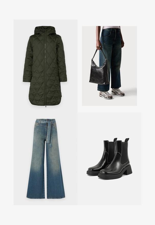 Polstret hettejakke i mørkegrønn, med et diamantquiltet mønster, lange ermer og glidelås foran. fullt bilde.; Hvit kortermet topp laget av myk teksturert stoff. Har rund hals og raglanermer. Enkel, minimalistisk design.; Bredde ben jeans med en lyseblå til mørkeblå gradient, høyt liv, beltehemper og et matchende belte i samme stoff. Teksturert denimoverflate.; Sorte lær Chelsea støvler med en kraftig hæl, elastiske sidepaneler og kontrasterende hvid syning. Teksturert overflate.; Sort skinnveske med en glatt tekstur og justerbar stropp, kombinert med falmede vide jeans og atletiske sneakers.