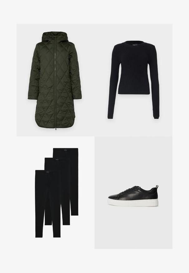 Polstret hettejakke i mørkegrønn, med et diamantquiltet mønster, lange ermer og glidelås foran. fullt bilde.; Svart ribbestrikket genser med lange ermer og rund hals. Myk tekstur, tettsittende design og elastisk stoff. Ingen merkbare mønstre eller dekorasjoner.; Svarte leggings laget av et elastisk stoff, med en glatt overflate og elastisk liv. Tre par arrangert vertikalt.; Svart lavt skinnsneaker med svarte lisser og tykk hvit gummisåle, sett fra utsiden på en hvit bakgrunn.