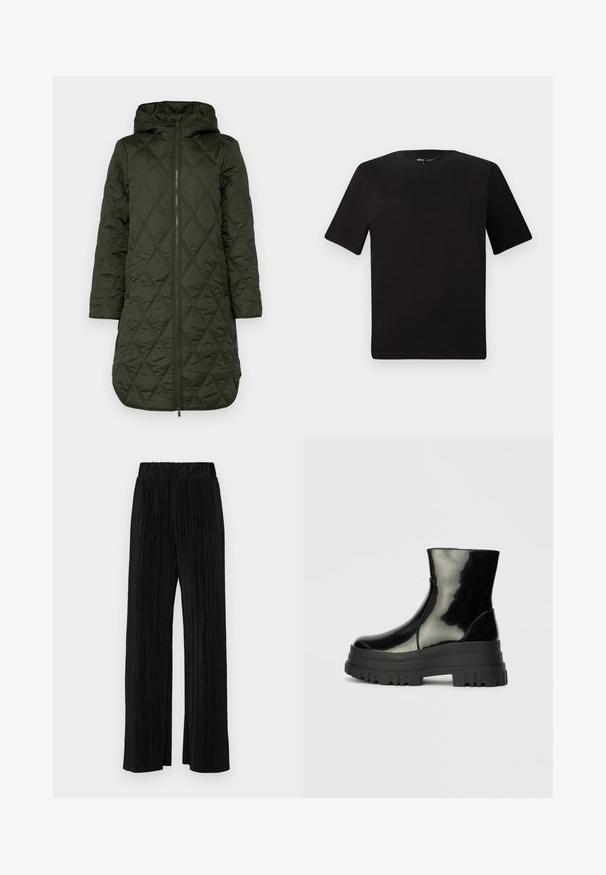 Casaco acolchoado com capuz em verde escuro, apresentando um padrão de quilt em diamante, mangas longas e fecho frontal com zipper.; T-shirt preta de mangas curtas com decote redondo, feita de tecido de algodão suave. Design simples, sem logótipos ou padrões visíveis.; Calças pregueadas pretas com uma cintura elástica. Apresentam pernas largas e um tecido liso, texturizado com riscas verticais.; Bota de tornozelo preta e brilhante com sola grossa e arredondada, vista lateral sobre fundo cinza claro.