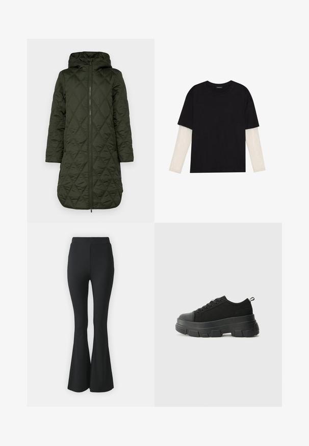 Polstret hettejakke i mørkegrønn, med et diamantquiltet mønster, lange ermer og glidelås foran. fullt bilde.; Svart T-skjorte laget av bomull, med korte ermer over et hvitt langermet lag med en subtil teksturert mønster. Rund hals design.; Svarte vide bukser laget av elastisk stoff. Har høy midje og en glatt, tettsittende design som vidder ut fra kneet og nedover.; Svarte sneakers med en kraftig gummisåle, teksturert stoffoverdel, rund tå og snøring. Har forsterkede snørehull og bakre trekkstang.