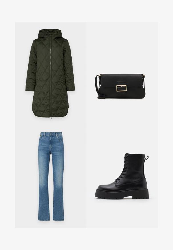 Pildīta kapuci jaka tumši zaļā krāsā, ar dimanta šūto rakstu, garām piedurknēm un priekšējo rāvējslēdzēju.; Balta bezpiedurkņu topiņš no ribotā auduma, ar noapaļotu kakla izgriezumu un pieguļošu siluetu, ar minimālām šuvēm un bez rotājumiem.; Izflīsušas zila džinsu bikses ar nedaudz izbalējušu tekstūru, piecām kabatām un pogu aizdari jostasvietā. Iedziltiem detaļām pie apakšmalām.; Melni ādas potītēm zābaki ar apļveida purngalu, auklām priekšpusē un biezu gumijas zoli ar teksturētu protektoru. Velkšanas cilpa aizmugurē.; Melnas ādas saķeres soma ar atloku un zelta metāla sprādzi. Ietver melnu siksnu un elegantu, minimālistisku dizainu.