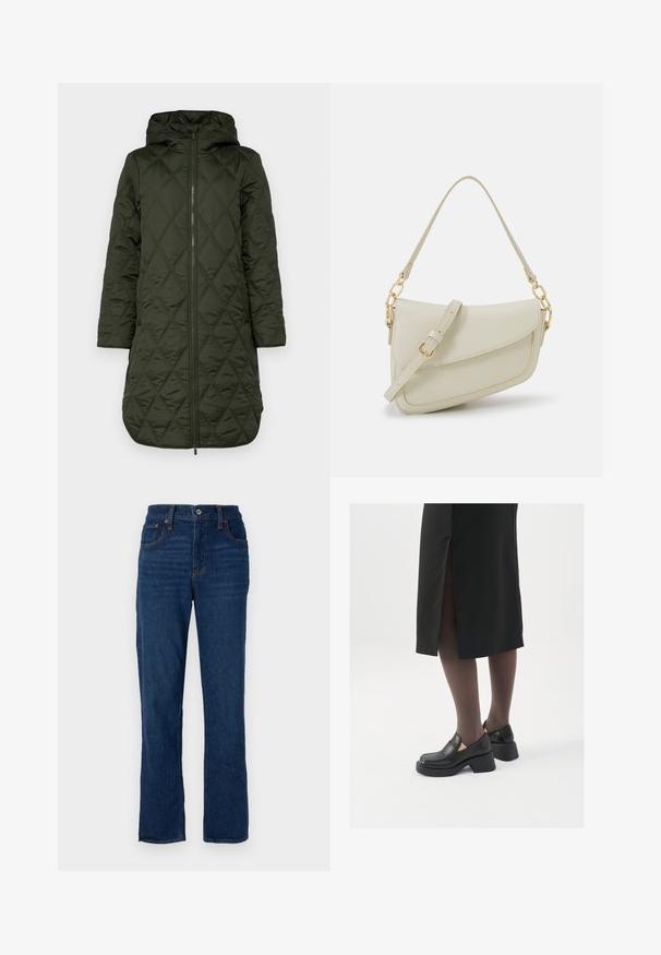 Párnázott kapucnis kabát sötétzöld színben, diamant mintázattal, hosszú ujjakkal és elöl cipzáras zárással.; Fehér ujjatlan trikó ribbed anyagból, lekerekített nyakkivágással és testhez simuló siluettel, minimális varrásokkal és díszítések nélkül.; Sötétkék farmer egyenes szárú nadrág öt zsebes kivitelben, narancssárga varrással és gombos záródással a derék részen.; Fekete bőr cipők lekerekített orral, vastag blokk sarkakkal és elasztikus oldalsó díszítésekkel, sötét harisnyával és hasítékkal ellátott fekete szoknyával párosítva.; Kis krémszínű táska texturált felülettel, hosszú, állítható pánttal, láncos díszítéssel és fedéllel záródik. Aranyszínű fém részletek.