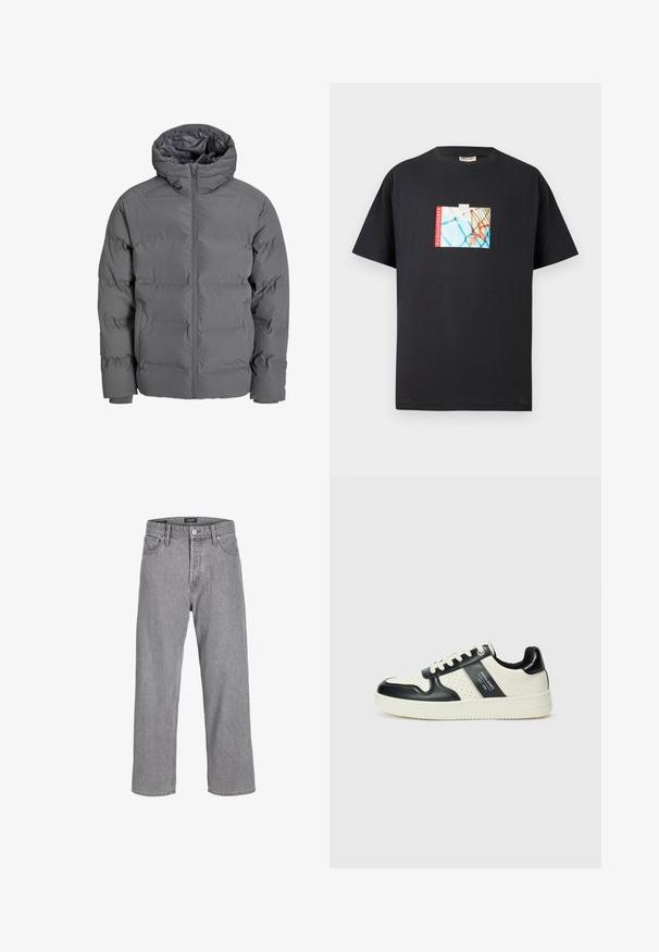 Grå foret jakke med frontlynlås og hætte. Den har et quiltet design med en glat overflade og elastiske manchetter. Letvægts og isoleret.; Sort bomulds T-shirt med et grafisk print af et basketballkurv på en blå baggrund med rød tekst "parkwayCOURTS" som accent.; Grå denimbukser med en afslappet, løs pasform. Har et traditionelt fem-lomme design og en knaplukning i taljen.; Lædersneakers i sort og creme farveskema, med perforerede detaljer, en polstret krave og en struktureret ydersål.