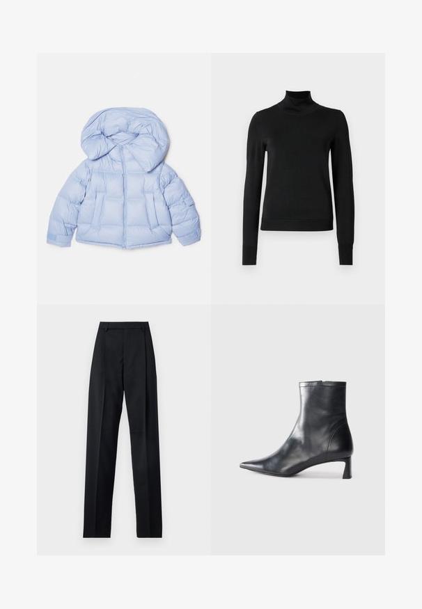 Ljusblå puffjacka med stor huva, dragkedjestängning och quiltat mönster. Har två framfickor och elastiska ärmslut för en tät passform.; Svart långärmad polotröja med ribbade muddar och nederkant, visad mot en enkel vit bakgrund.; Svarta byxor i mjukt tyg med hög midja, vida ben, framfickor och klassiska bältesöglor. Inga sidofickor synliga.; Svart läder ankelboot med spetsig tå och en smidig design. Har en låg klack och en dragkedjestängning bak. Slät textur.