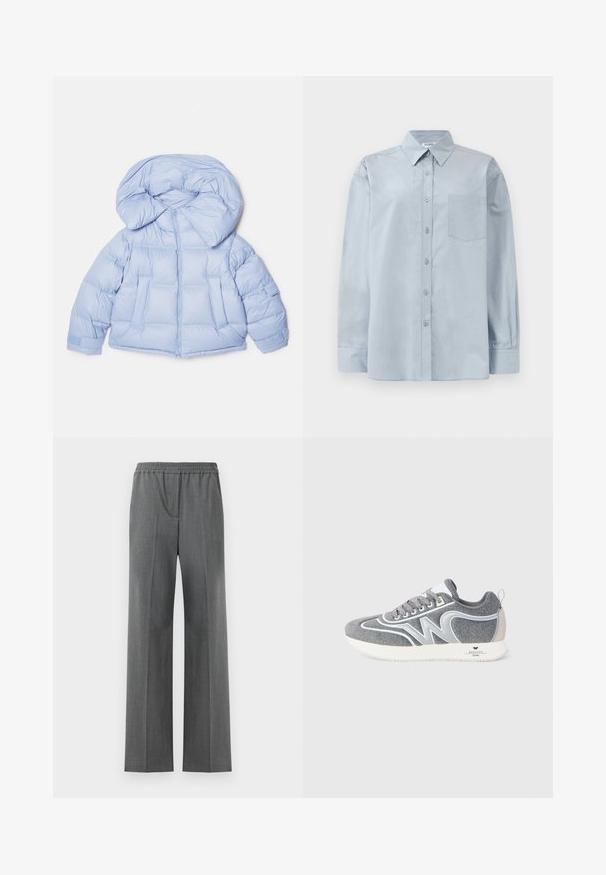 Casaco puffer azul claro com capuz grande, fecho de zip e design acolchoado. Apresenta dois bolsos frontais e punhos elásticos para um ajuste confortável.; Camisa azul claro de manga longa, com colarinho pontudo e bolso no peito, disposta em cima de um fundo branco.; Calças cinzas de perna larga com um cós elástico, feitas de um tecido texturizado com um padrão de entrelaçado subtil.; Sapatilha de cano baixo em cinza e branco com atacadores, design em "W" na lateral e uma sola branca com a marca "Weekend Max Mara" no calcanhar.