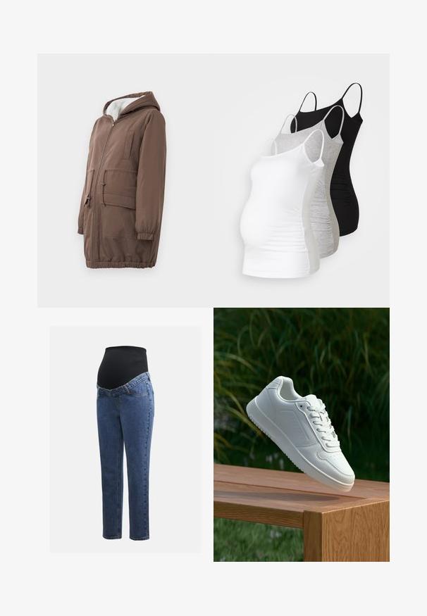 Brūna piepūsta jaka ar rāvējslēdzēju priekšpusē, auklu jostu un kapuci. Iespraucieni ar divām priekšējām kabatām un mīkstu, teksturētu iekšējo oderējumu.; Trīs grūtniecības tērpi bez piedurknēm baltā, pelēkā un melnā krāsā. Elastīgs audums ar regulējamiem tievajiem plecu siksniņām un savilktām sānu šuvēm komfortam.; Māmiņu džinsi ar zilu denima kājām un melnu elastīgu vēdera paneli, kas izstrādāts, lai atbalstītu un nosegtu augošu vēderu.; Baltie sporta apavi ar gludu sintētisku augšpusi, perforētu pirkstu daļu, plakani šņorēm un rakstainu zoli, novietoti uz koka virsmas.