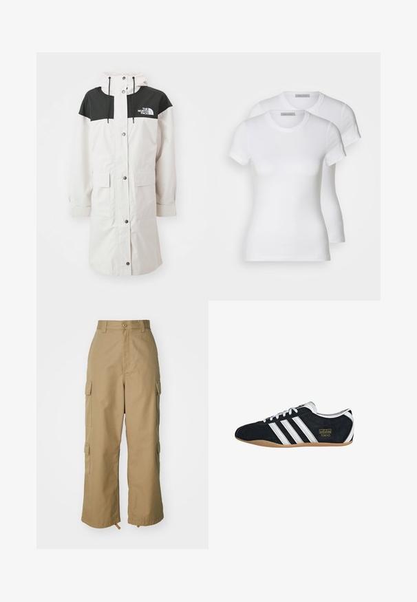 Parka alb impermeabil cu o secțiune superioară neagră, două buzunare frontale, glugă ajustabilă și detaliu cu logo pe piept.; Două tricouri albe din bumbac, cu mâneci scurte, guler rotund și o siluetă ajustată, având o textură netedă și un design minimalist.; Pantaloni cargo bej cu talie înaltă, picioare largi și patru buzunare laterale mari. Realizați dintr-un material durabil, cu o textură netedă și detalii minimale.; Sneaker din suede negru cu trei dungi albe, logo auriu și talpă din cauciuc maro. Prezintă un design cu șireturi de tip low-profile.
