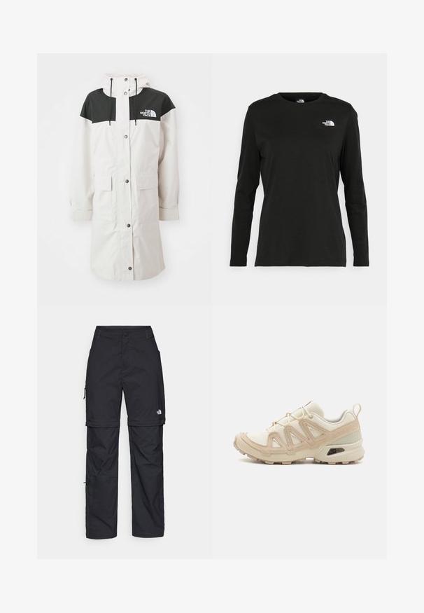 Parka impermeabile bianca con sezione superiore nera, due tasche frontali, cappuccio regolabile e dettaglio del logo sul petto.; T-shirt nera a maniche lunghe in cotone con colletto rotondo. Presenta un piccolo logo bianco sul lato sinistro del petto. Design semplice e vestibilità comoda.; Pantaloni cargo in nylon nero con zip rimovibile, polsini regolabili, molteplici tasche e un logo sulla gamba destra. Tessuto liscio e leggero.; Scarpa atletica beige e crema con tomaia in mesh testurizzato, sovrapposizioni supportive e suola in gomma con un motivo a tasselli per la trazione.