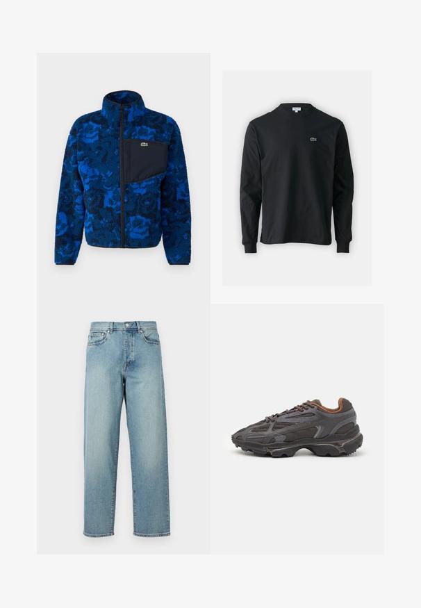 Lacoste Lengva striukė - globe/navy blue/lazuli; Juodas ilgomis rankovėmis marškinėliai iš medvilnės, turintys apvalią iškirptę ir mažą žalią išsiuvinėtą krokodilo logotipą kairėje krūtinės pusėje.; Šviesiai mėlynos džinsinės kelnės su laisvu siluetu, tiesiomis kojomis, penkių kišenių dizainu ir sagčių uždarymu juosmens srityje. Minimalistinis siuvinėjimo akcentas.; Lacoste sportbačiai tamsiai pilki, pagaminti iš tinklinės ir sintetinių medžiagų, su tekstūruotu padu ir rudomis detalėmis ant apykaklės bei prekės ženklo.