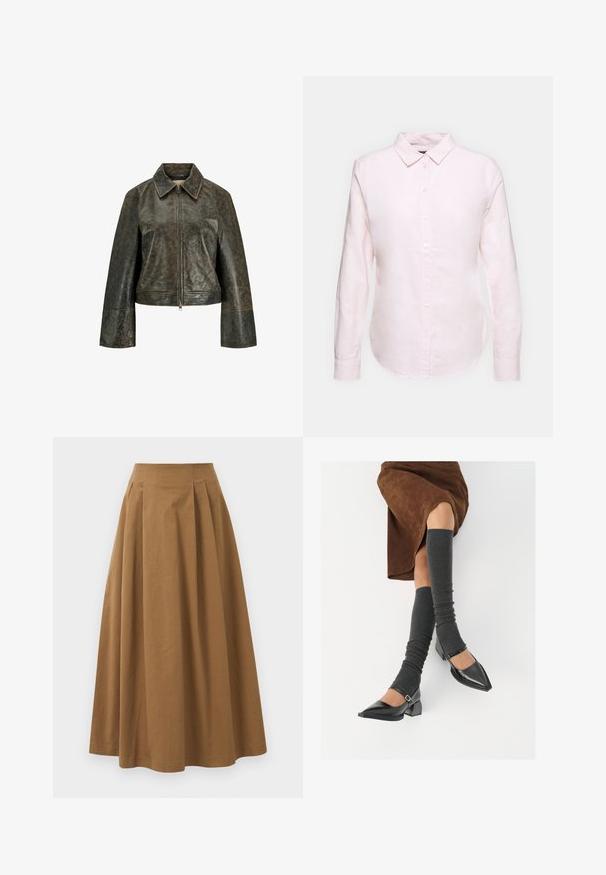 Tamsiai ruda dėvėta odinė striukė su pilnu priekyje užtrauktuku, plačiu apvalkalu ir ilgomis rankovėmis, šiek tiek išplėstomis rankogaliais.; Šviesiai rožinė ilgom rankovėm marškiniai su užsegamu apykakle, turintys tiesią apatinę kraštinę ir minkštą tekstūrą, pagaminti iš lengvo medvilnės audinio.; Ruda medvilninė A formos sijonas su aukštu liemeniu, puikuojantis klostėmis priekyje ir lygia tekstūra. Apdailos kraštai yra švarūs ir paprasti.; Juodi lakuoti odiniai batai su aštriu kuma ir bloko kulnu, derinami su pilkais riebiais kojų šildytuvais ir rudais zomšiniais sijonais.