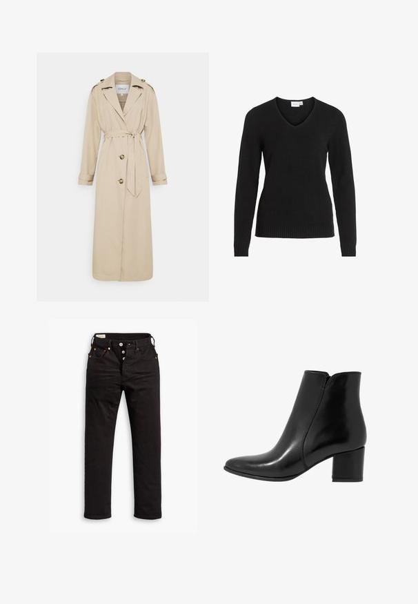Šviesiai rudos spalvos tranšėja su diržu juosmens srityje, ilgomis rankovėmis ir dvejomis priekinėmis mygtukų užsegimo. Įrengta petnešos ant pečių ir tiesiu apdaila.; Juodas V-kaklo megztinis pagamintas iš minkštos medžiagos, turintis ilgomis rankovėmis, grąžtiniu apvadu irmanželiu, su paprastu ir klasikinio dizaino.; Juodi tiesūs džinsai su sagčių uždarymu, priekiniais ir galiniais kišenėmis, bei vario priedais ant balto fono.; Anna Field LEATHER - Klasikiniai aulinukai - black