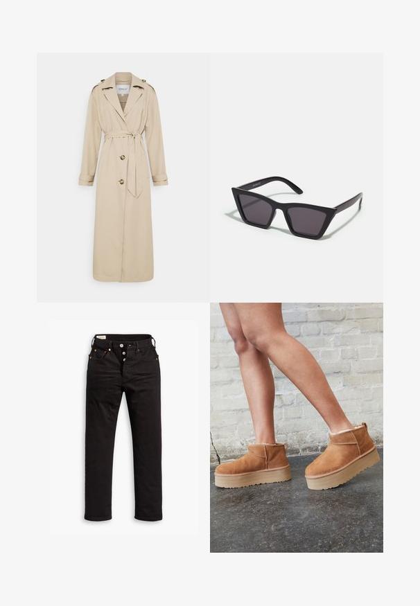 Vaaleanbeige trench-coat, jossa on vyöllä varustettu vyötärö, pitkät hihat ja kaksoispainonappikiinnitys edessä. Sisältää olkapäillä epauletti-tyyliset koristeet ja suoran helman.; Mustat V-puolella oleva villapaita pehmeästä kankaasta, jossa on pitkät hihat, ribbaus helmassa ja hihoissa, sekä yksinkertainen ja klassinen muotoilu.; Mustat suorat farkut napituslennolla, etu- ja takataskuilla sekä kuparisilla niiteillä valkoista taustaa vasten.; Ruske mokasine do gležnja od nubuk kože s mekim podstavom, debelim bež platformama i stražnjim držačem. Teksturirana površina s vidljivim detaljima šavova.; Mustat, kulmikkaat aurinkolasit harmailla linsseillä; valmistettu muovista, paksuilla varsilla, joissa on sileä pinta ja ilman näkyvää metalliosaa.