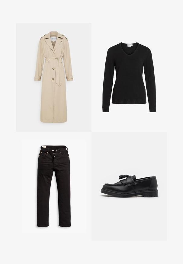 Béžový trenčkot s opaskom v páse, dlhými rukávmi a dvojitými prednými gombíkmi. Obsahuje epaulet na pleciach a rovný lem.; Čierny sveter s výstrihom do V vyrobený z mäkkej tkaniny, s dlhými rukávmi, rebrovaným lemom a manžetami, s jednoduchým a klasickým dizajnom.; Čierne džínsy so rovnými nohavicami, s gombíkovým zapínaním, prednými a zadnými vreckami, a detailmi z medených nitov na bielom pozadí.; Čierne kožené loafery s strapcovým akcentom, vyšívaným detailom pozdĺž okraja a hrubou gumovou podrážkou pre odolnosť.