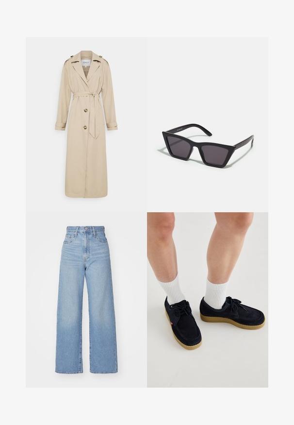 Beige krāsu tranšejas mēteli ar jostu viduklī, garām piedurknēm un diviem priekšējiem pogām. Iekļauj plecu cilpas un taisnu apakšmala.; Gaiši zila džinsa krekls ar garām piedurknēm, norādītu apkakli, divām krūšu kabatām un kontrastējošu šuvju. Satur rietumu stila jostas dizainu.; Gaiši zili augstās jostas vidukļa platās bikses ar priekšējo pogu un rāvējslēdzēju, priekšējām un aizmugurējām kabatām uz baltā fona.; Tums zilas zamšādas kurpes ar apaļu purngalu, auklu aizdari un krēmkrāsas gumijas zoli. Apvienotas ar baltām ribotām apakšzālēm.; Melni, stūrveida saulesbrilles ar pelēkiem objektīviem; izgatavotas no plastmasas, ar biezām kājām, kam ir gluda virsma un nav redzamu stiprinājumu.