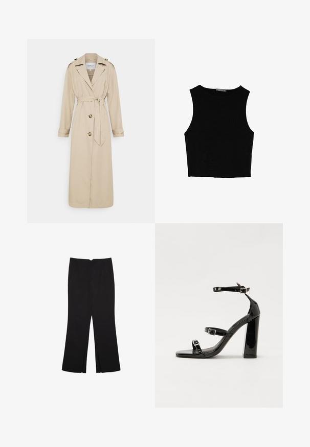 Bež plašč z pasom, dolgimi rokavi in dvema sprednjima gumboma. Ima epauleto na rami in ravno zadnjo rob.; Črn brez rokavov crop top, izdelan iz gladkega materiala, z okroglim izrezom in čistim, preprostim dizajnom brez vzorcev ali dodatkov.; Črne hlače ravnega kroja z naglavnimi žepi in stranskimi razporki na robu. Narejene iz mehke, gladke tkanine. Primerne za različne priložnosti.; Črne lakirane sandale s peto, kvadratnim prstom, trakovi okrog gležnja in srebrnimi zaponkami. Opremljene so s stabilno Debelo peto.
