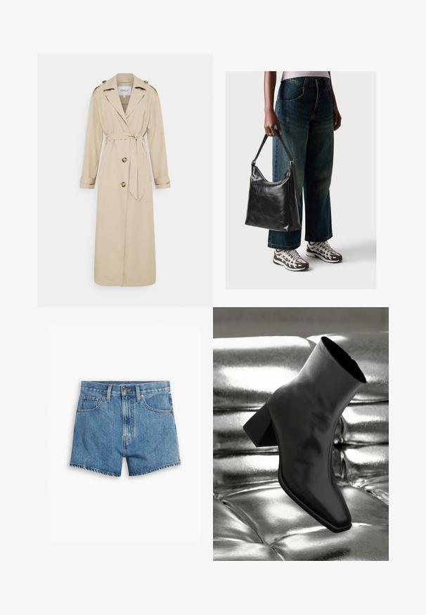 Beige trench coat, övvel a derékon, hosszú ujjal és dupla elülső gombbal. Vállpántokkal rendelkezik a vállakon és egyenes szegéllyel.; Fekete és fehér T-shirtok, kerek nyakkivágással, rövid ujjakkal. A fekete pólón sárga nap hímzés található; a fehér póló lila félhold díszítéssel rendelkezik.; Világoskék farmer rövidnadrág, öt zsebbel, cipzáros megoldással és gombos záródással. A szegélyt megkoptatták, és laza szabású dizájn jellemzi.; Fekete bokacsizma fényes anyagból, négyzetes orral és szűkített sarkú, egy csillogó ezüst kárpitozott háttér előtt.; Fekete bőr válltáska sima textúrával és állítható pánttal, melyet elnyűtt, bő szárú farmernadrággal és sportcipőkkel párosítottak.