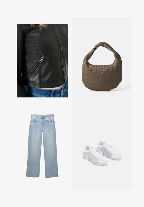 Zwart leren jack met een nauwsluitend ontwerp, voorzien van een diagonale ritszak en opvallende stikseldetails. Spijkerbroek zichtbaar eronder.; Twee mouwloze tanktops: één witte met geribbeld textuur en één lichtgrijze met een subtiel heatherpatroon. Beide hebben een ronde hals.; Lichtblauwe denim jeans met een wijdere pijpdesign, voorzien van een knoop- en ritsluiting, vijf zakken en minimale stikseldetails.; Witte hardloopschoenen met grijze accenten, voorzien van een getextureerde bovenkant, perforaties voor ventilatie en een gesegmenteerde hak voor demping.; Geweven olijfgroene handtas met een ronde vorm en een gedraaide handgreep. De textuur heeft een diagonaal patroon. Ritssluiting.