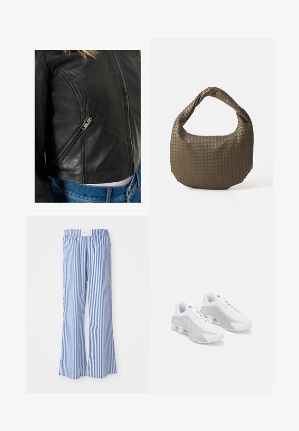 Schwarze Lederjacke mit enger Passform, ausgestattet mit einer diagonalen Reißverschlusstasche und auffälligen Nähten. Darunter sind Jeans aus Denim sichtbar.; Zwei ärmellose Tanktops: eines in Weiß mit gerippter Textur und eines in Hellgrau mit subtilen Melange-Muster. Beide haben runde Ausschnitte.; Blaue und weiße gestreifte Hose mit lockerer Passform, aus leichtem Stoff, mit elastischem Bund und einem dezenten Logo-Tag.; Weiße Sportschuhe mit grauen Akzenten, die eine strukturierte Oberseite, Belüftungsperforationen und eine segmentierte Ferse für Dämpfung aufweisen.; Geflochtene olivgrüne Handtasche mit runder Form und gedrehter Tragegriff. Strukturiert Oberfläche mit diagonaler Musterung. Reißverschlussverschluss.