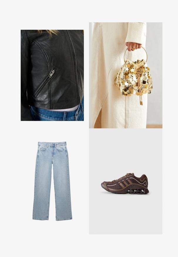 Schwarze Lederjacke mit enger Passform, ausgestattet mit einer diagonalen Reißverschlusstasche und auffälligen Nähten. Darunter sind Jeans aus Denim sichtbar.; Schwarzes Langarm-Oberteil aus weichem Stoff, mit einem drapierten Design, das eine überlappende Front und einen U-Boot-Ausschnitt aufweist. Geschmeidige Textur, cropped Länge.; Helleblaue Denim-Jeans mit weit geschnittenem Design, ausgestattet mit einem Knopf- und Reißverschluss, fünf Taschen und minimalen Nähten.; Brauner Sportschuh mit Mesh- und Synthetik-Obermaterial, mit drei Streifen, detaillierter Steppnaht, dämpfender Sohle und charakteristischem federndem Absatz.; Goldfarbene Drawstring-Handtasche mit einem runden Griff, verziert mit glänzenden runden Pailletten und einem strukturierten Stoff. Abmessungen sind nicht angegeben.