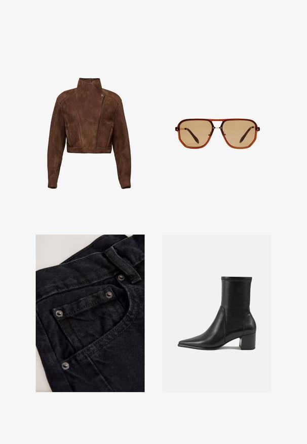 Hnedá zamatová skrátená bunda s vysokým golierom, asymetrickým zapínaním a dekoratívnym prešívaním pre štruktúru.; Čierny rolák s dlhými rukávmi, vyrobený z hladkej pleteniny. Má priliehavé telo a rebrované manžety a lem.; Čierne džínsy z denimu s vysokým pásom, s malým predným vreckom, kovovými ozdobami a textúrovaným povrchom látky.; Čierne členkové topánky vyrobené z hladkej kože, s špicatou špičkou, blokovým podpätkom a výrazným zvýšeným švom na hornom okraji.; Hnedé osemuholníkové slnečné okuliare s priehľadným jantárovým rámom a hnedými tónovanými sklami. Obsahujú kovový akcent na mostíku a štíhle nožičky.