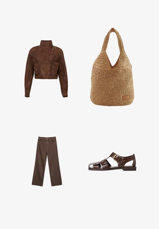 Brun ruskind cropped jakke med høj krave, asymmetrisk lukning og syninger, der giver struktur.; Brun kortærmet t-shirt lavet af blødt stof, med rund halsudskæring og afslappet pasform. Ingen synlige mønstre eller detaljer.; Bredde ben brun denim jeans med høj talje, forlommer og klassisk knaplukning. Glat tekstur med diskret syninger.; Brun lædersandal med udskæringsdesign, justerbar sidebuckle og flad sål, med metalaccentuer og åben tå.; Vævet stråtaske med en afslappet form, tan farve, V-formet åbning og et lædermærke nederst. Blød tekstur.