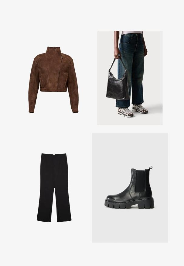 Braune Wildleder cropped Jacke mit hohem Kragen, asymmetrischem Verschlussdetail und genähten Akzenten für Struktur.; Schwarzes Baumwoll-T-Shirt mit lässiger Passform, kurzen Ärmeln, runder Ausschnitt und glatter Textur. Keine sichtbaren Muster oder Akzente.; Schwarze Hose mit geradem Schnitt, ausgestattet mit Fronttaschen und Seitenschlitzen am Saum. Hergestellt aus weichem, glattem Stoff. Geeignet für verschiedene Anlässe.; Schwarzer Leder-Ankle-Boot mit elastischen Seitenpaneelen, dickem Profilsohle und Zuglasche auf hellgrauem Hintergrund, Seitenansicht.; Schwarze Leder-Schultertasche mit glatter Textur und verstellbarem Riemen, kombiniert mit ausgewaschenen weit geschnittenen Jeans und sportlichen Sneakern.