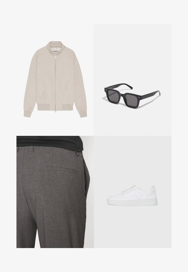 Beige Bomberjacke mit Reißverschluss, gerippten Bündchen und Saum sowie zwei Seitentaschen. Glattes Material mit einem minimalistischen Design.; Cremefarbener Baumwollmix-Pullover mit geripptem Rundhalsausschnitt, überschnittenen Schultern und gerippten Bündchen und Saum. Weiche Textur mit legerem Schnitt.; Graue maßgeschneiderte Hose mit glatter Textur, ausgestattet mit einer einzigen hinteren Tasche und einem schlanken Schnitt. Der Stoff hat ein dezentes Muster.; Weißer Low-Top-Sneaker mit schnürbarem Vorderteil, glattem Obermaterial und Gummisohle vor einfachem, hellem Hintergrund.; Schwarze rechteckige Sonnenbrillen mit dunklen Gläsern, die einen dicken Rahmen, subtile Akzente an den Seiten und keine sichtbaren Logos außer dem Markennamen aufweisen.; Leichte, beigefarbene Canvas-Tasche mit doppelten Griffen, die auf der Vorderseite das in Weiß gedruckte "SAMSOE"-Logo trägt. Rechteckige Form mit simplem Design.