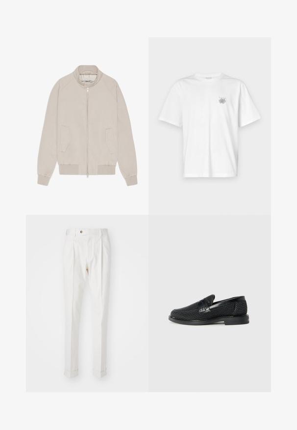 Beige bomberjakke med lynlås, ribbede manchetter og kant, samt to sidelommer. Glat stof med et minimalistisk design.; Hvid t-shirt lavet af bomuld med korte ærmer, rund halsudskæring og et lille gråt logo på venstre brystområde. Glat tekstur.; Hvide, skræddersyede bukser med flad front, to folder og opretterede manchetter. Fremstillet af et glat stof med en knaplukning i taljen.; Sort vævet slip-on sko med en glat læderdetalje på overdelen, en rund tådesign og en lavprofil gummisål.