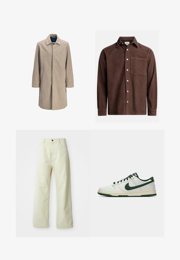Beige Wollmischung-Mantel mit geradem Schnitt, Druckknopfverschluss, spitzem Kragen, zwei Seitentaschen und minimalistischem Design ohne Muster.; Braunes Cordhemd mit Button-Down-Kragen, Brusttasche, weißen Knöpfen und langen Ärmeln mit geknöpften Manschetten. Strukturierte Stoffdetails.; Hellgelbe, weit geschnittene Jeanshose aus Denim mit einem vorderen Knopfverschluss, fünf Taschen und geradlinigem, unaufgeregtem Design.; Weiße Low-Top-Sneaker mit dunkelgrüner Nike-Swoosh, Schnürsenkeln und Akzenten an der Sohle, im Profil auf einem schlichten weißen Hintergrund abgebildet.