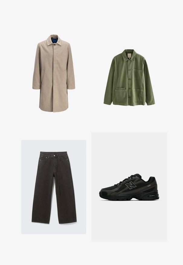 Béžový kabát z vlnenej zmesi so strihom na rovno, zapínaním na klips, špicatým golierom, dvoma bočnými vreckami a minimalistickým dizajnom, bez vzorov.; Olivená zelená bunda vyrobená z bavlny s predným zapínaním na gombíky, špicatým golierom a štyrmi vreckami. Má uvoľnený strih a mäkkú štruktúru.; Biely bavlnený tričko s krátkymi rukávmi, okrúhlym výstrihom a voľným strihom. Hladká textúra, bez vzorov a akcentov.; Široké čierne deniminové džínsy majú vysoký pás, dizajn s piatimi vreckami a zapínanie na gombík. Tkanina má mäkký, textúrovaný povrch.; Čierne športové topánky s textúrovaným syntetickým zvrškom, vybavené polstrovanou podrážkou a výrazným logom "N" na boku. Dizajn zahŕňa ľahké mäkké časti.
