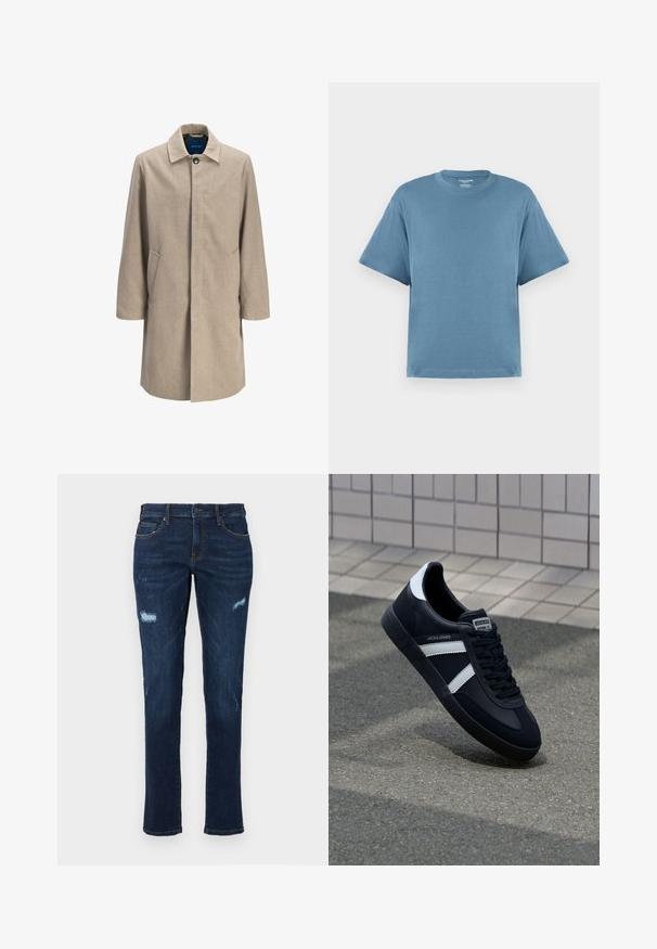 Beige wool blend coat with a straight cut, clasp closure, pointed collar, two side pockets, and minimalistic design, featuring no patterns.; Blue short-sleeve t-shirt, made of cotton, with a crew neck and a relaxed fit. Smooth texture, minimalist design, no patterns or accents.; Dark blue denim jeans with a straight cut, featuring distressed rips at the knees, traditional pockets, and visible contrasting stitching.; Black leather sneaker with white stripes, textured rubber sole, and lace-up front. Features a branded label on the tongue.