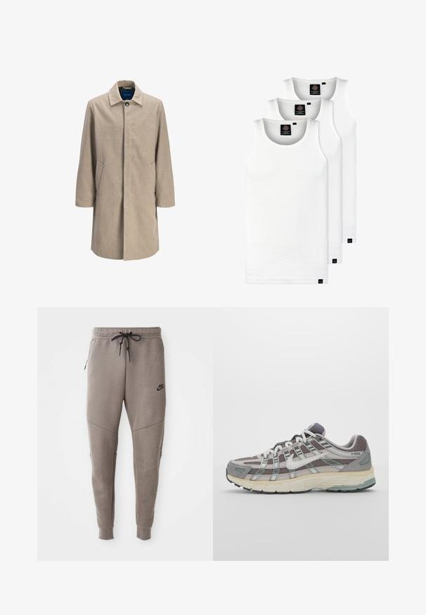 Beige Wollmischung-Mantel mit geradem Schnitt, Druckknopfverschluss, spitzem Kragen, zwei Seitentaschen und minimalistischem Design ohne Muster.; Drei weiße, gerippte Tanktops aus Baumwolle. Merkmale einen Rundhalsausschnitt und kleine schwarze Etiketten am Saum. In mehreren Größen erhältlich.; Graue Nike-Sweatpants mit einem Kordelzugbund, schmal zulaufenden Beinen, seitlichen Taschen und auffälliger Nahtgestaltung. Weicher, strukturiert Stoff.; Grauer Sportschuh mit einem Obermaterial aus Mesh und Wildleder, weißen Akzenten, einer gepolsterten Sohle und einem charakteristischen Design mit reflektierenden Elementen.