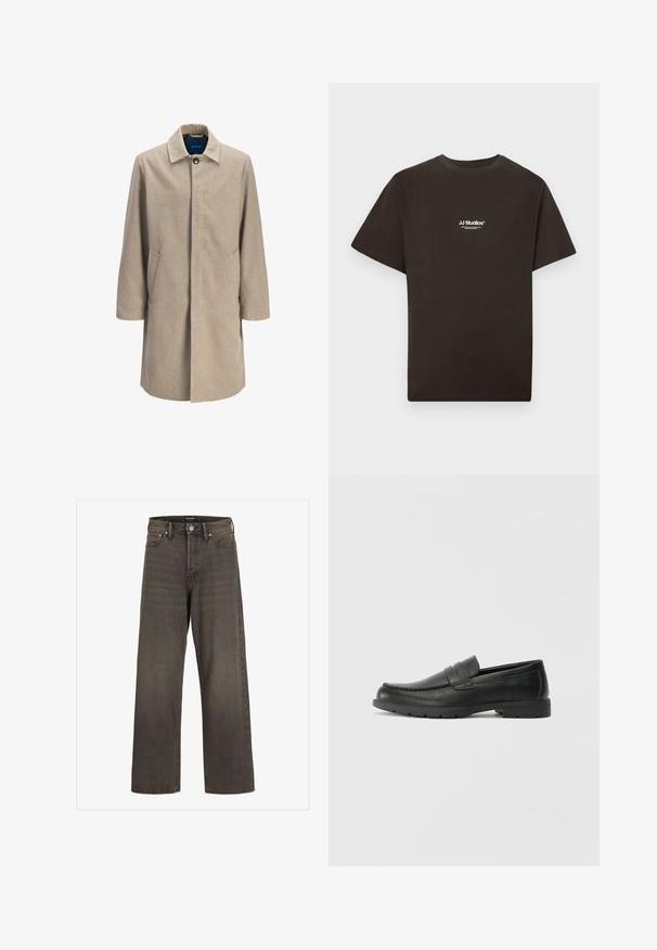 Casaco de lã misturada bege com corte reto, fecho de clipe, gola pontiaguda, dois bolsos laterais e design minimalista, sem padrões.; T-shirt preta de algodão com mangas curtas e gola redonda, apresenta o logótipo "JJ Studios" em branco no centro frontal. Textura lisa.; Jeans de perna larga em denim cinza escuro, com cintura alta, design clássico de cinco bolsos e costura em contraste ao longo das costuras.; Sapatos mocassins de couro preto com acabamentos lisos, parte superior em estilo mocassins, detalhes em costura e sola de borracha. Design clássico com um salto baixo.