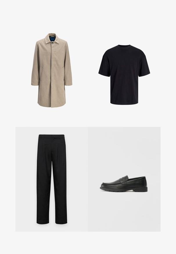 Beige wool blend coat with a straight cut, clasp closure, pointed collar, two side pockets, and minimalistic design, featuring no patterns.; Black cotton t-shirt with a crew neckline, short sleeves, and a relaxed fit. Smooth texture and no visible patterns or accents.; Black trousers made of smooth fabric, featuring a straight-leg design, two front pleats, and standard waistband with belt loops.; Black leather loafers with a smooth finish, moccasin-style upper, stitched detailing, and a rubber sole. Classic design with a low heel.